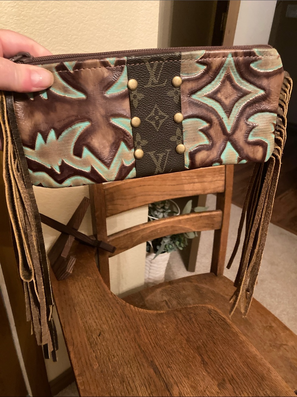 keep it gypsy Upcycled Louis Vuitton Wristlet with Fringe Like New!